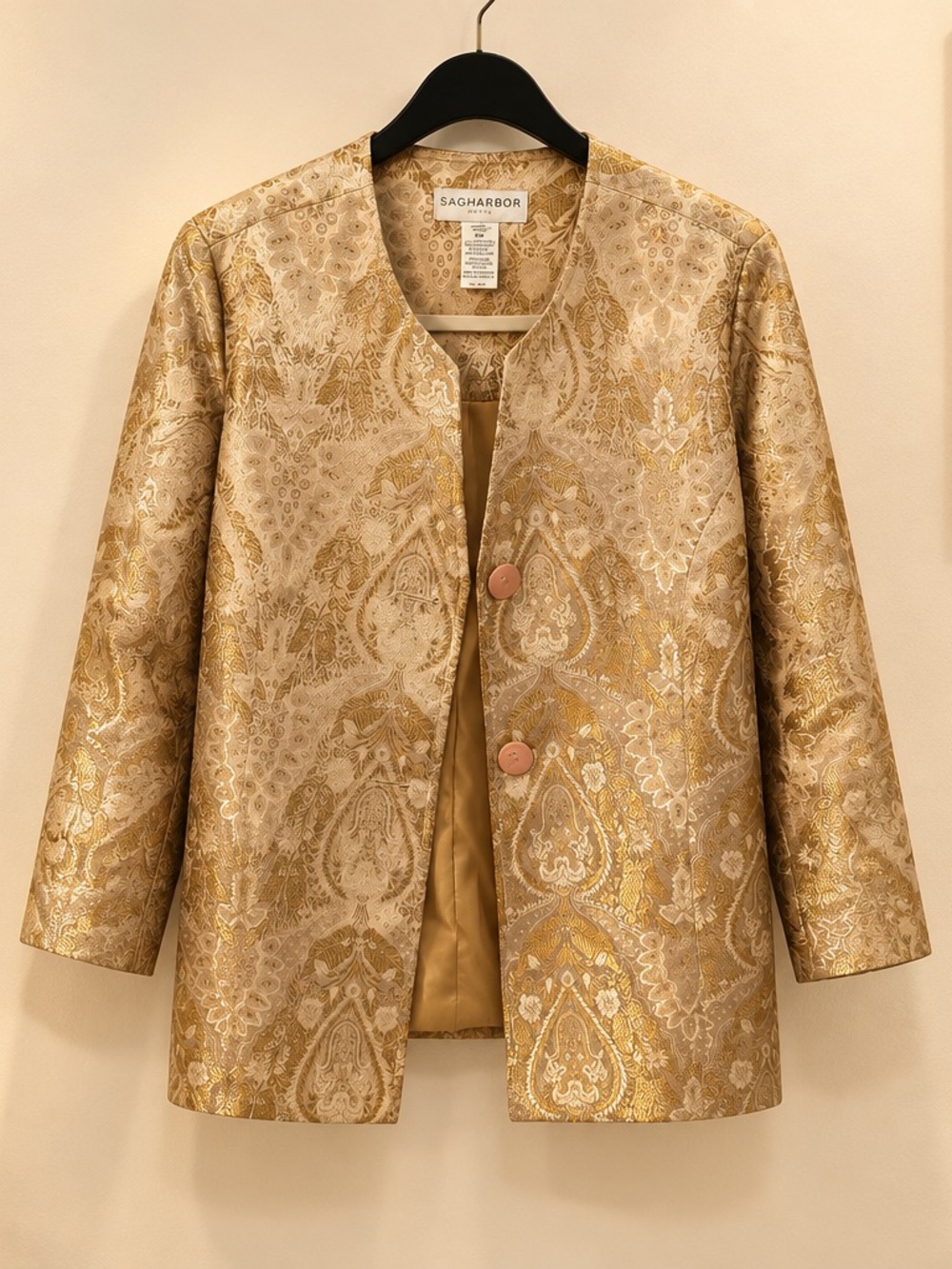 Sag Harbor Metallic Gold Brocade Collarless Blazer